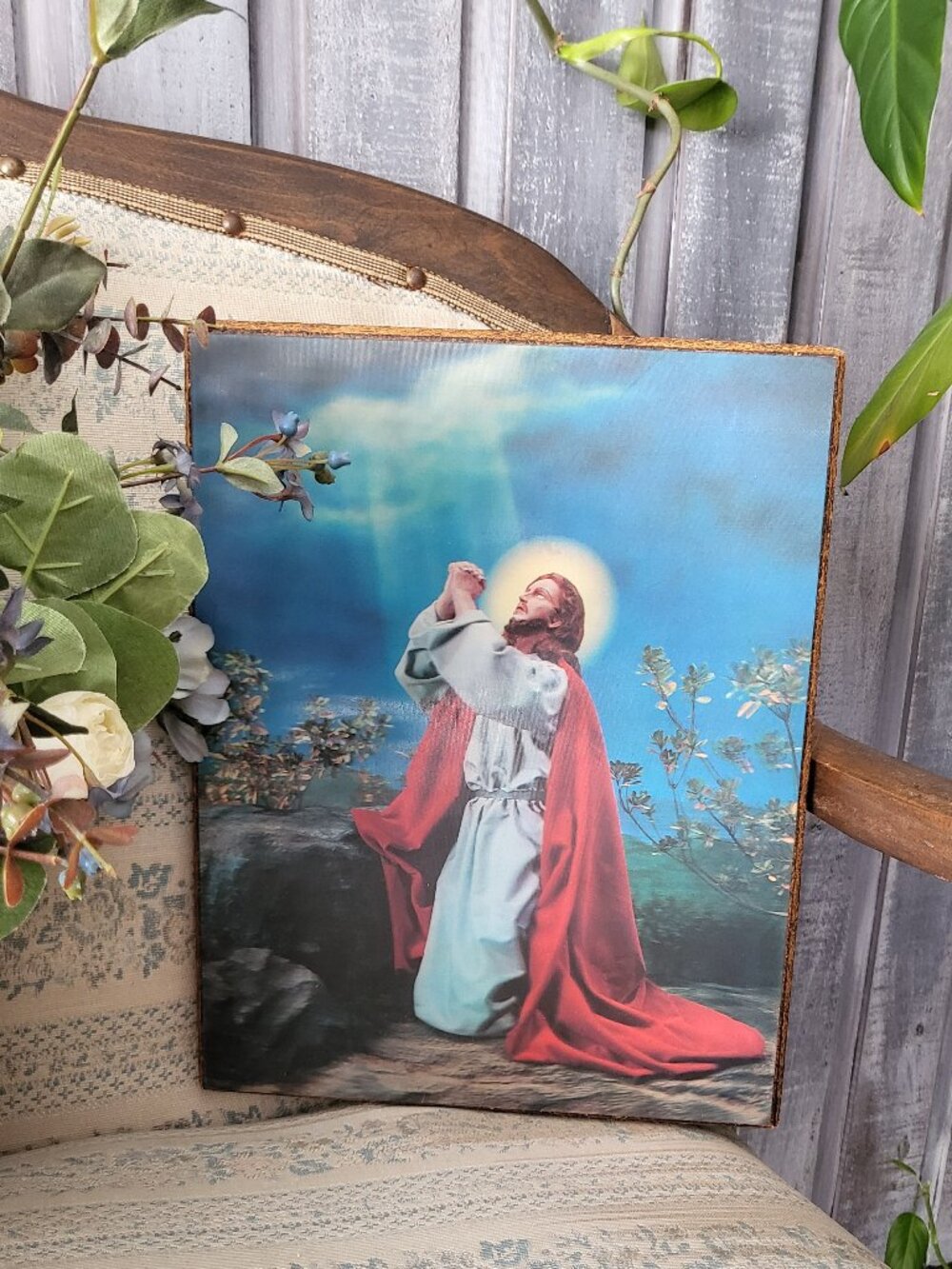 Vintage Warner Sallman Christ in Gethsemane 3D Lenticular Wood Plaque 14x11